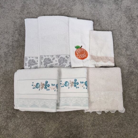Elegant Decorative Towel Set of 7 - Embroidered Lace Trimmed